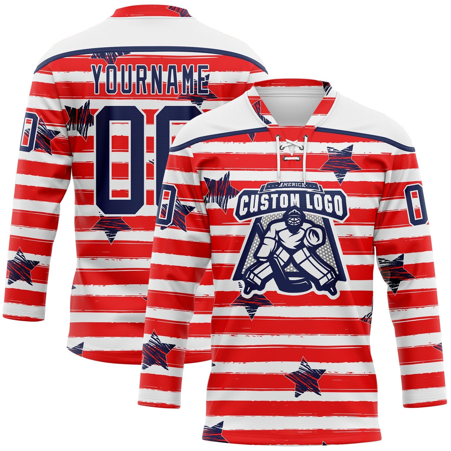 Custom White Navy Red-White American Flag Hockey Lace Neck Jersey view 2