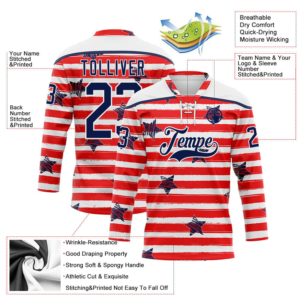 Custom White Navy Red-White American Flag Hockey Lace Neck Jersey view 5