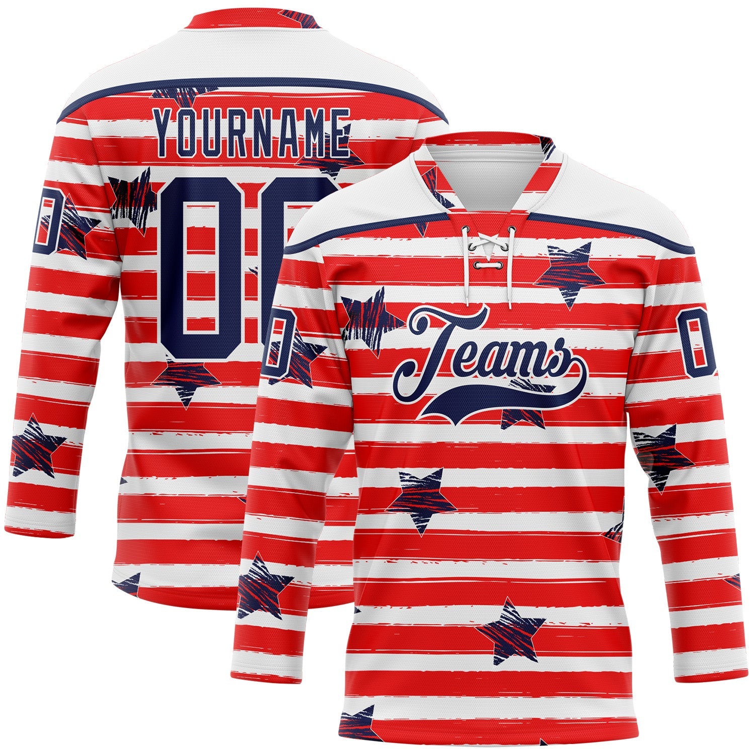 Custom White Navy Red-White American Flag Hockey Lace Neck Jersey - Main View