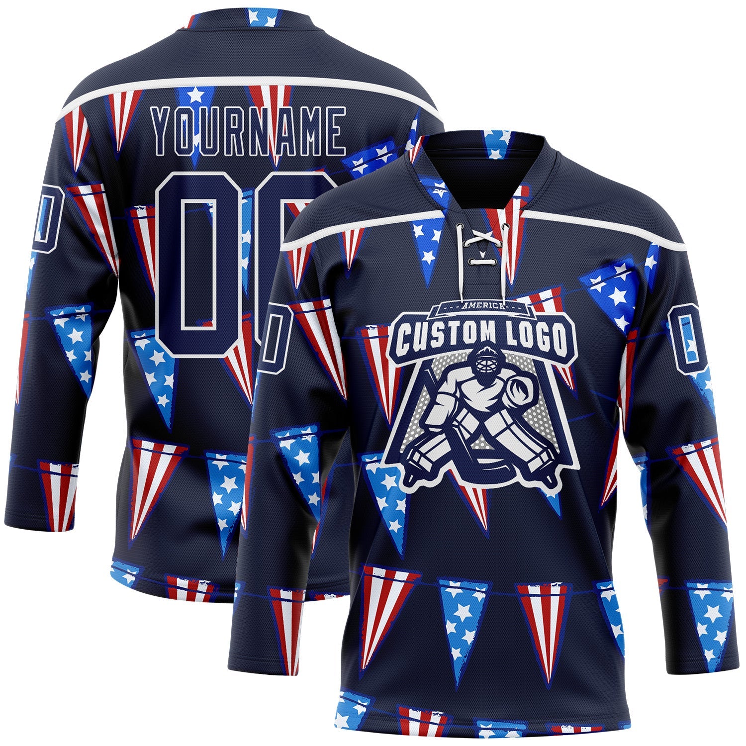 Custom Navy Red Royal-White American Flag Hockey Lace Neck Jersey view 2
