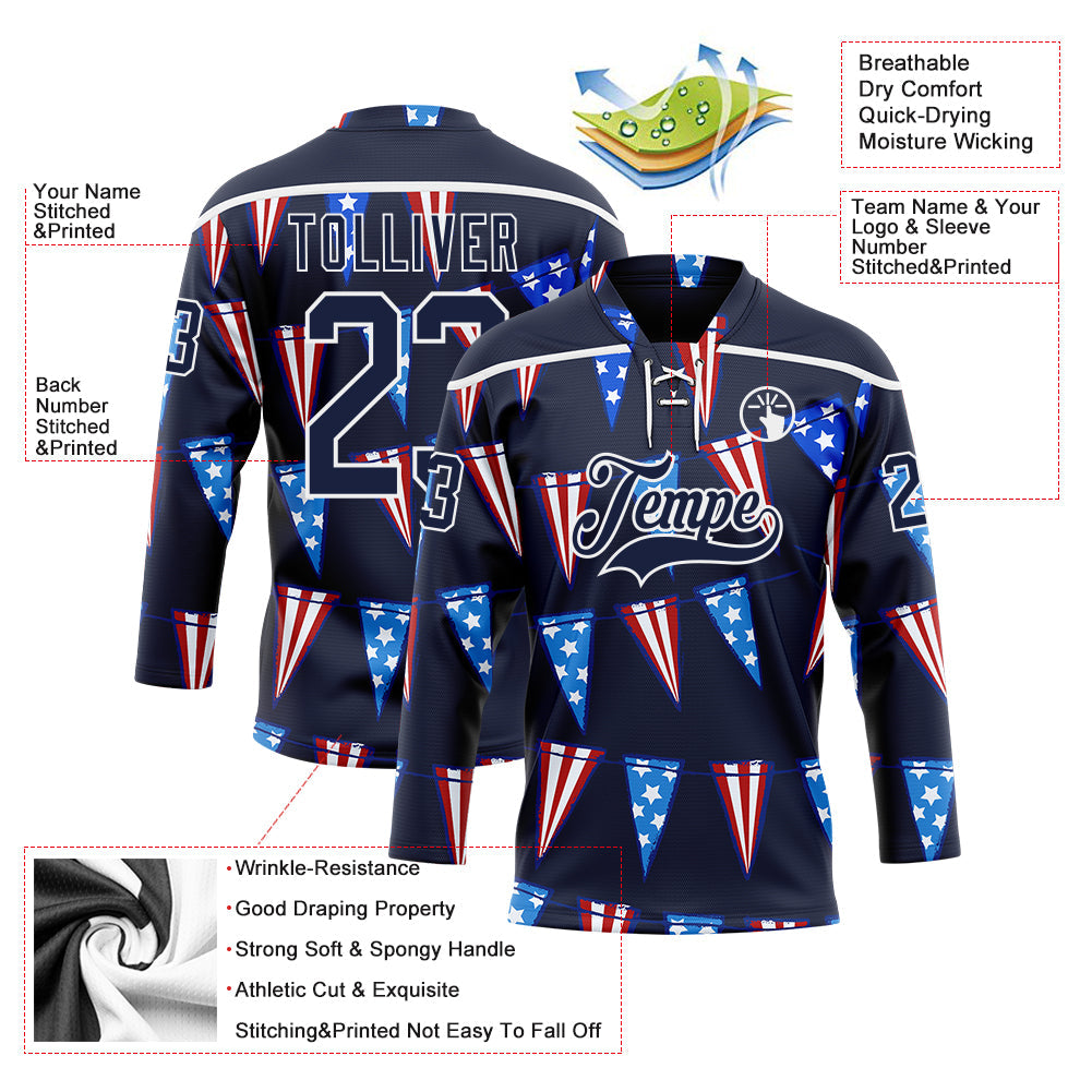 Custom Navy Red Royal-White American Flag Hockey Lace Neck Jersey view 5