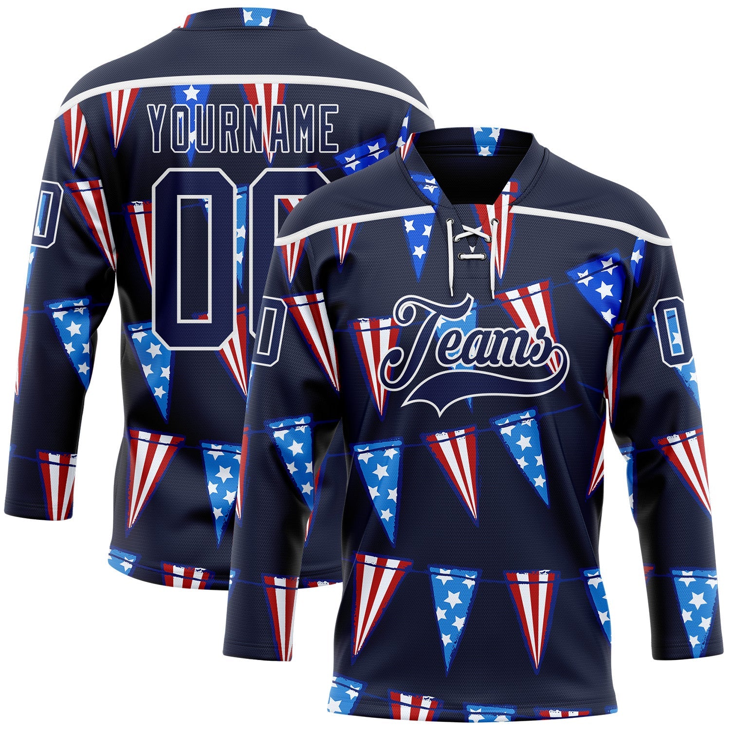 Custom Navy Red Royal-White American Flag Hockey Lace Neck Jersey - Main View