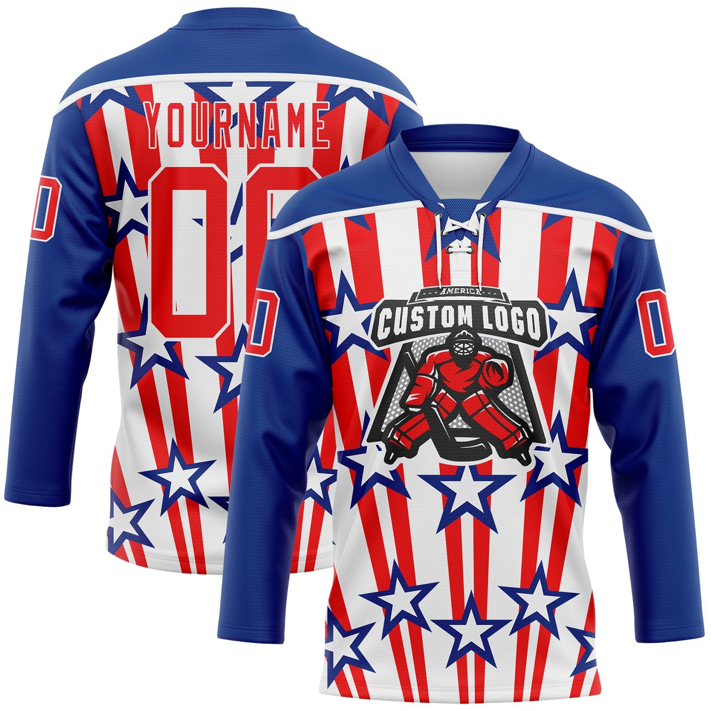 Custom Royal Fire Red-White American Flag Hockey Lace Neck Jersey view 2