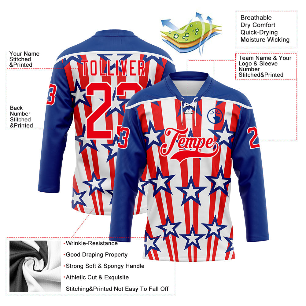 Custom Royal Fire Red-White American Flag Hockey Lace Neck Jersey view 5