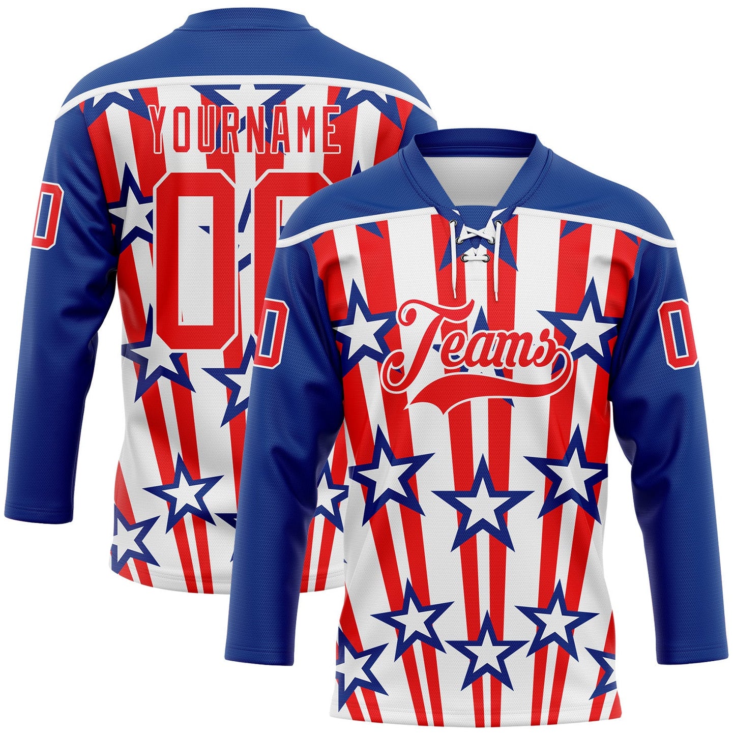 Custom Royal Fire Red-White American Flag Hockey Lace Neck Jersey - Main View
