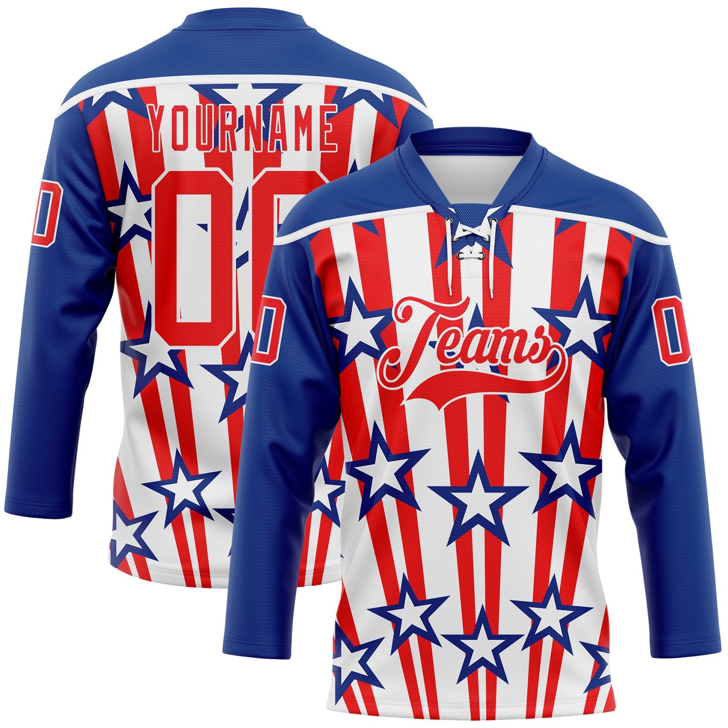 Custom Royal Fire Red-White American Flag Hockey Lace Neck Jersey - Main View