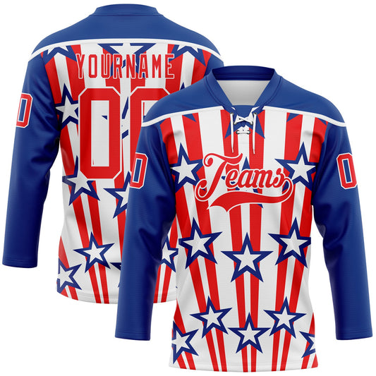 Custom Royal Fire Red-White American Flag Hockey Lace Neck Jersey - Main View