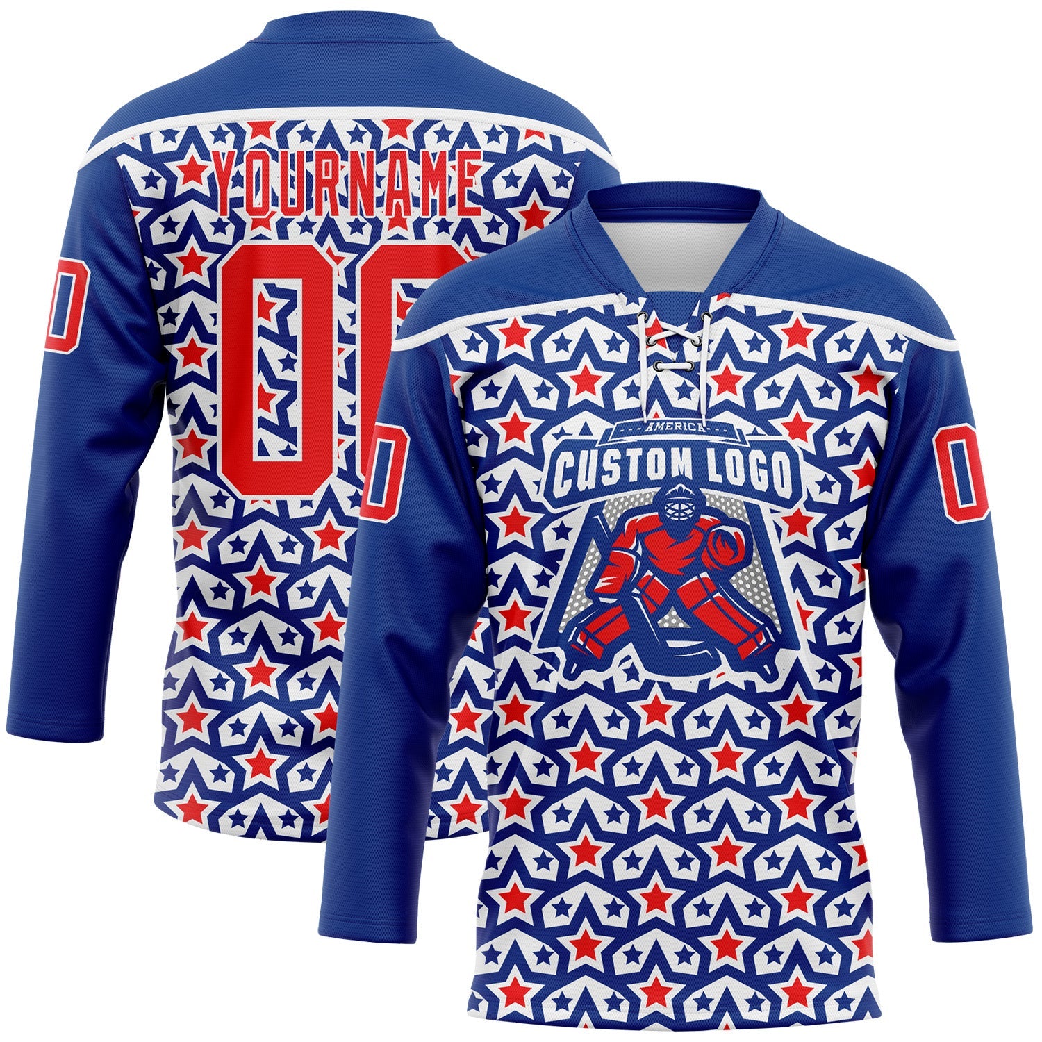 Custom Royal Fire Red-White American Flag Hockey Lace Neck Jersey view 2