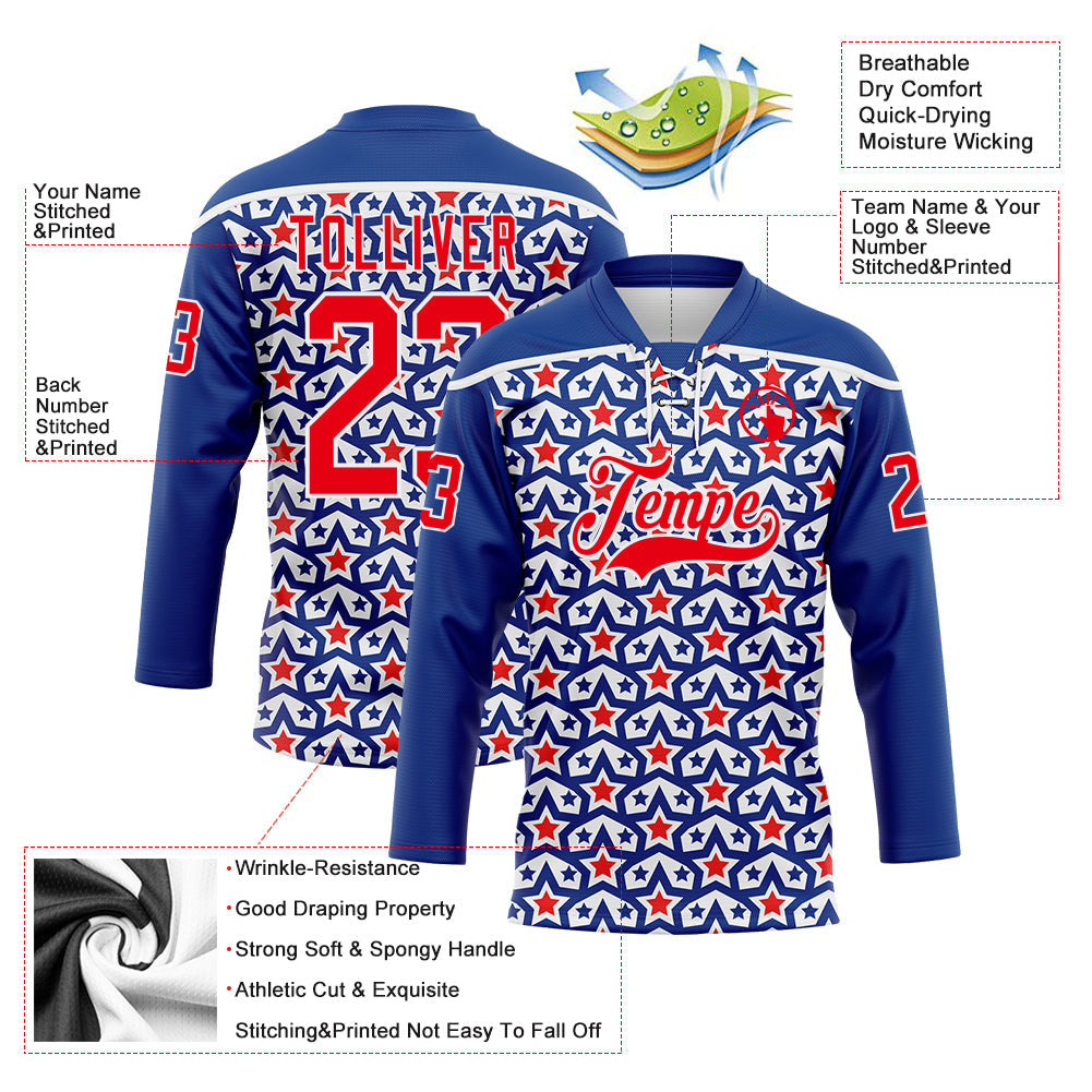 Custom Royal Fire Red-White American Flag Hockey Lace Neck Jersey view 5
