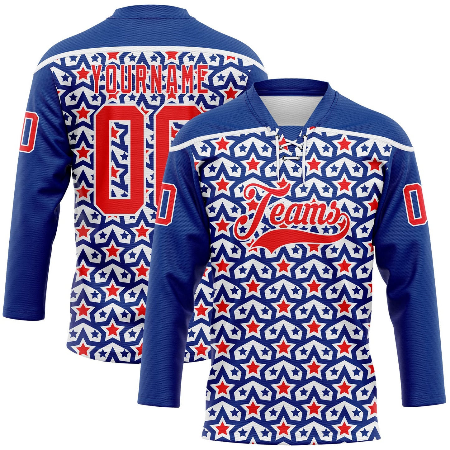 Custom Royal Fire Red-White American Flag Hockey Lace Neck Jersey - Main View