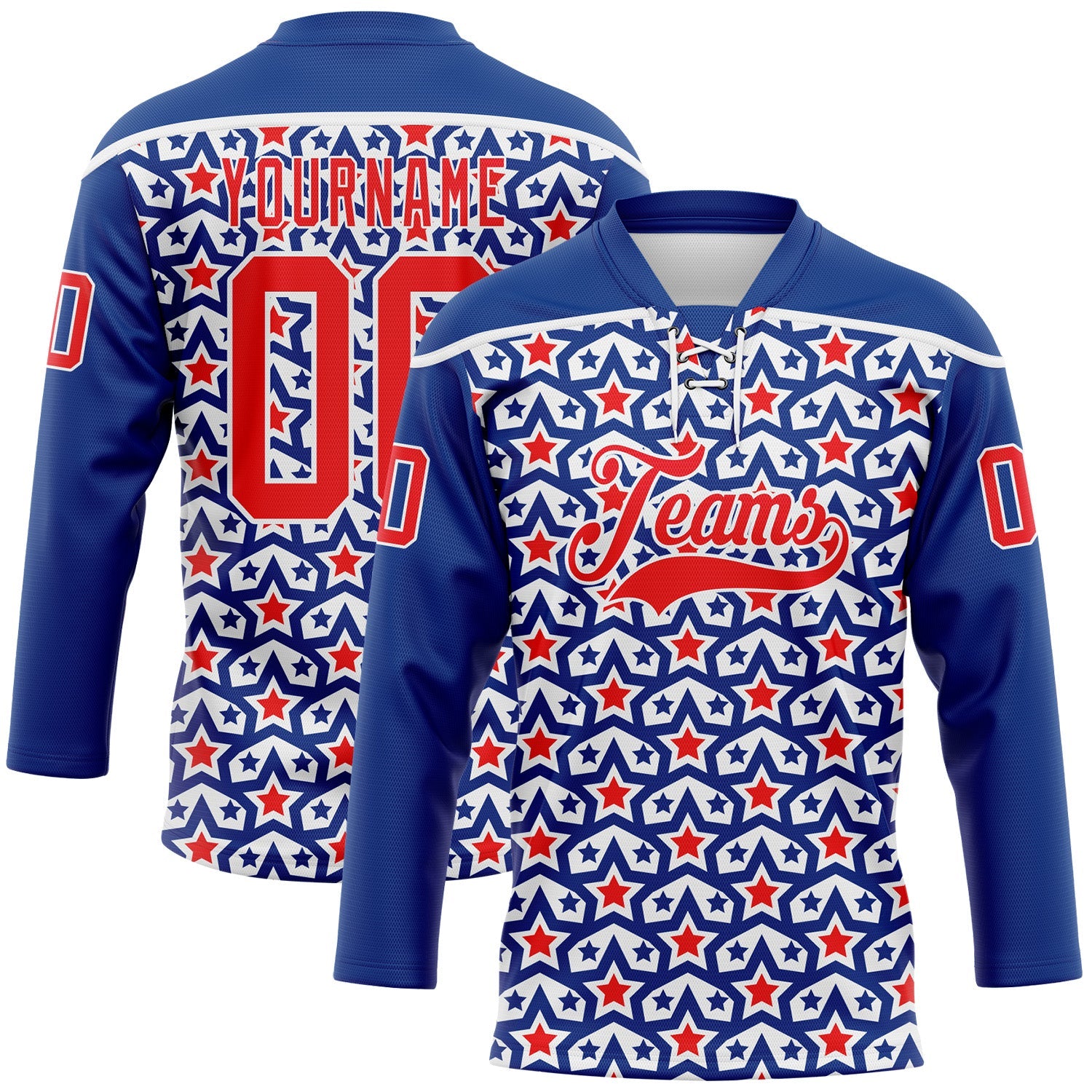Custom Royal Fire Red-White American Flag Hockey Lace Neck Jersey - Main View
