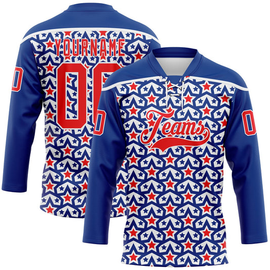 Custom Royal Fire Red-White American Flag Hockey Lace Neck Jersey - Main View