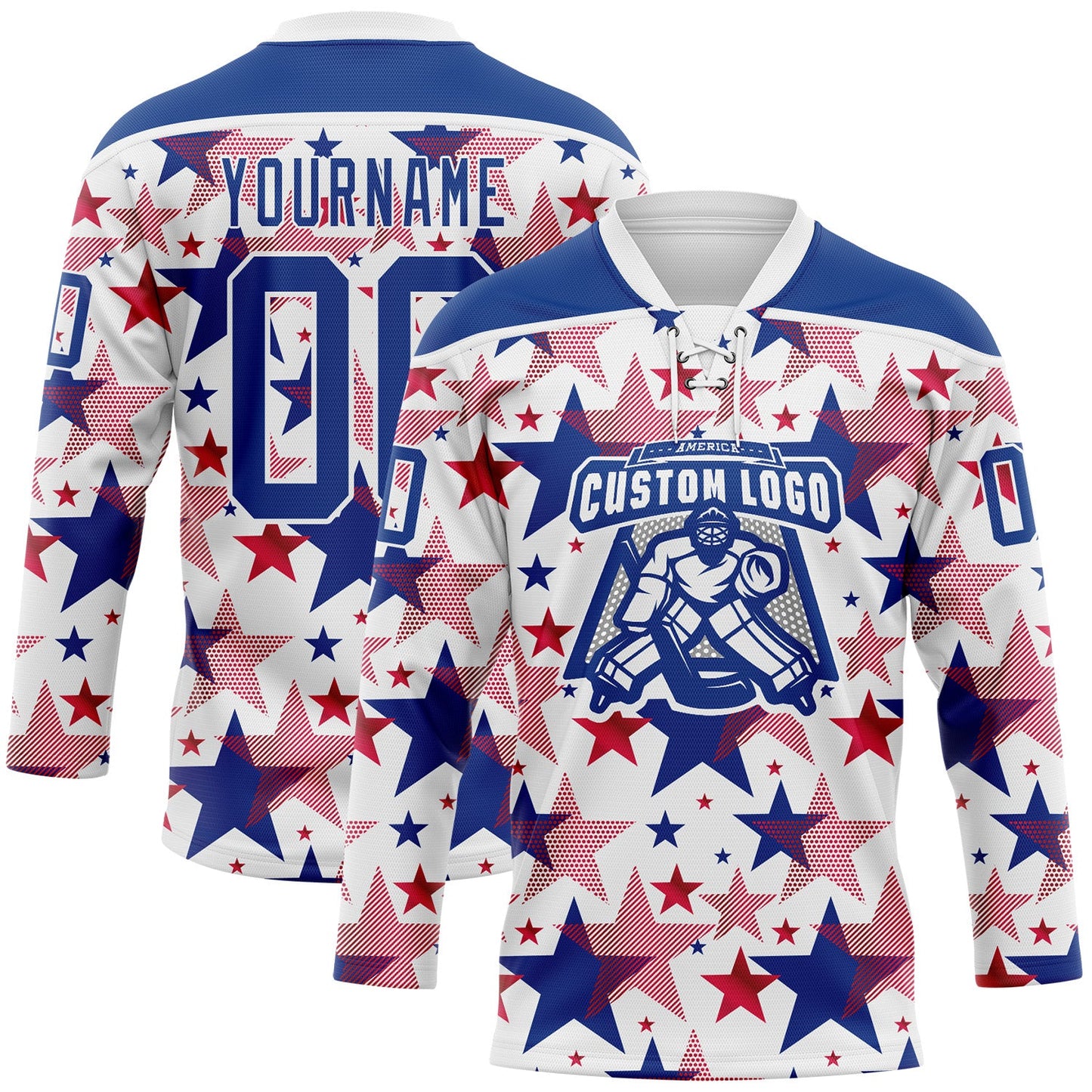 Custom White Royal-Red American Flag Hockey Lace Neck Jersey view 2