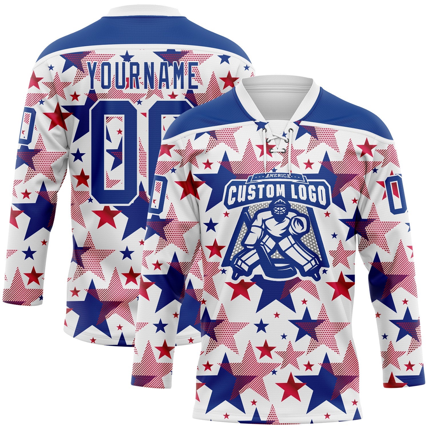 Custom White Royal-Red American Flag Hockey Lace Neck Jersey view 2