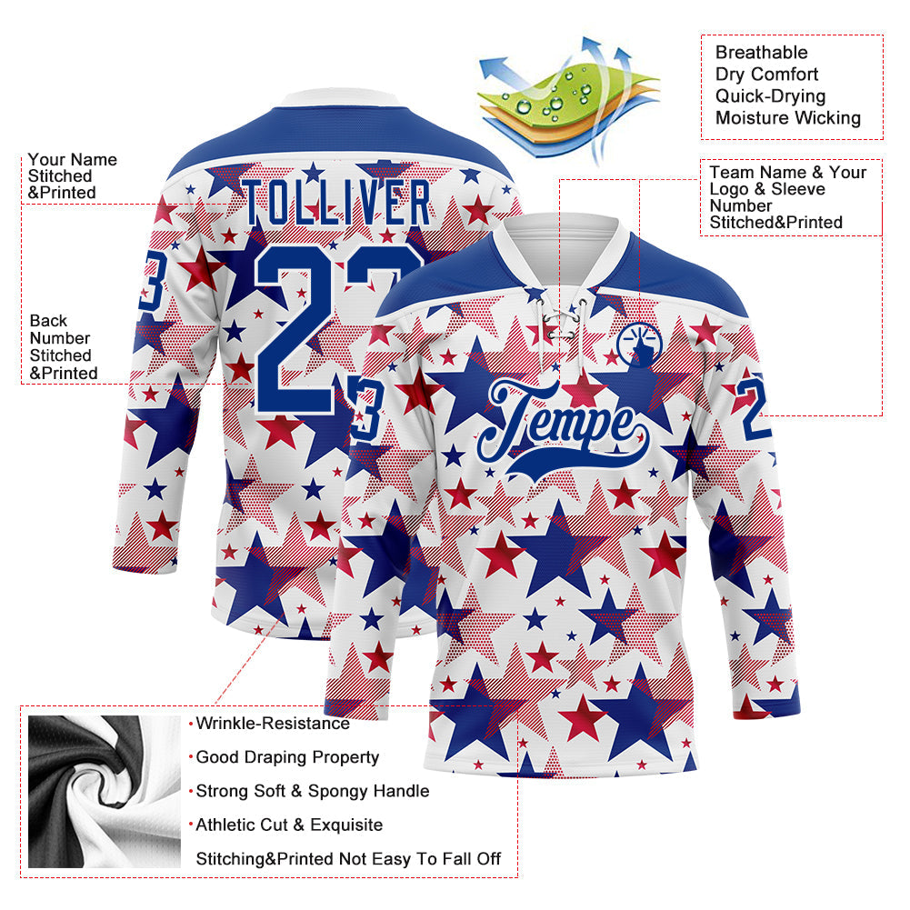 Custom White Royal-Red American Flag Hockey Lace Neck Jersey view 5
