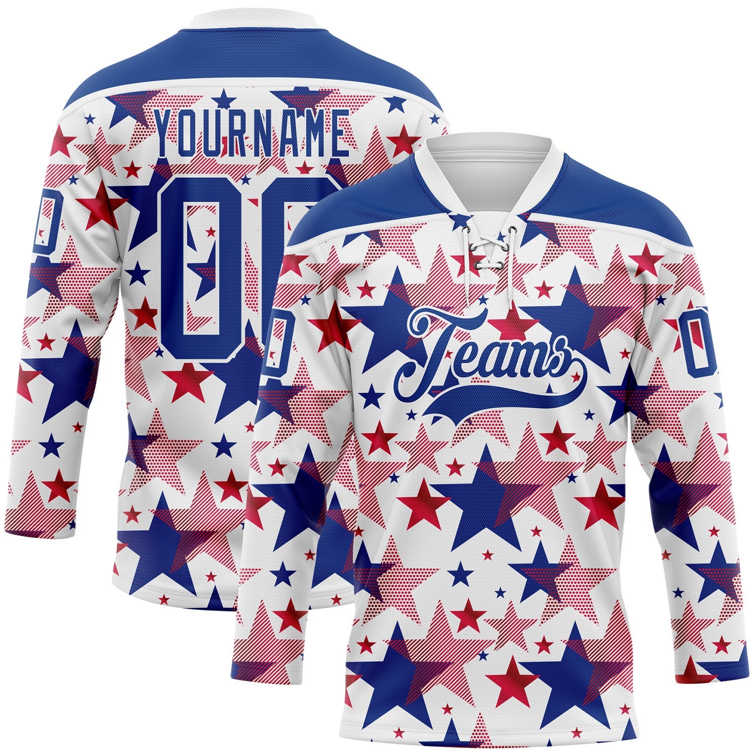 Custom White Royal-Red American Flag Hockey Lace Neck Jersey - Main View