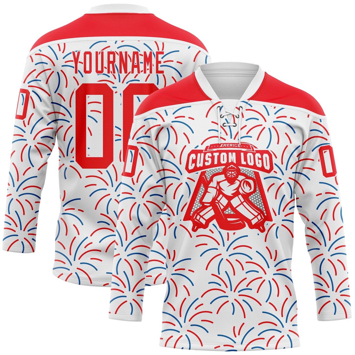 Custom White Fire Red-Royal American Flag Fireworks Hockey Lace Neck Jersey view 2