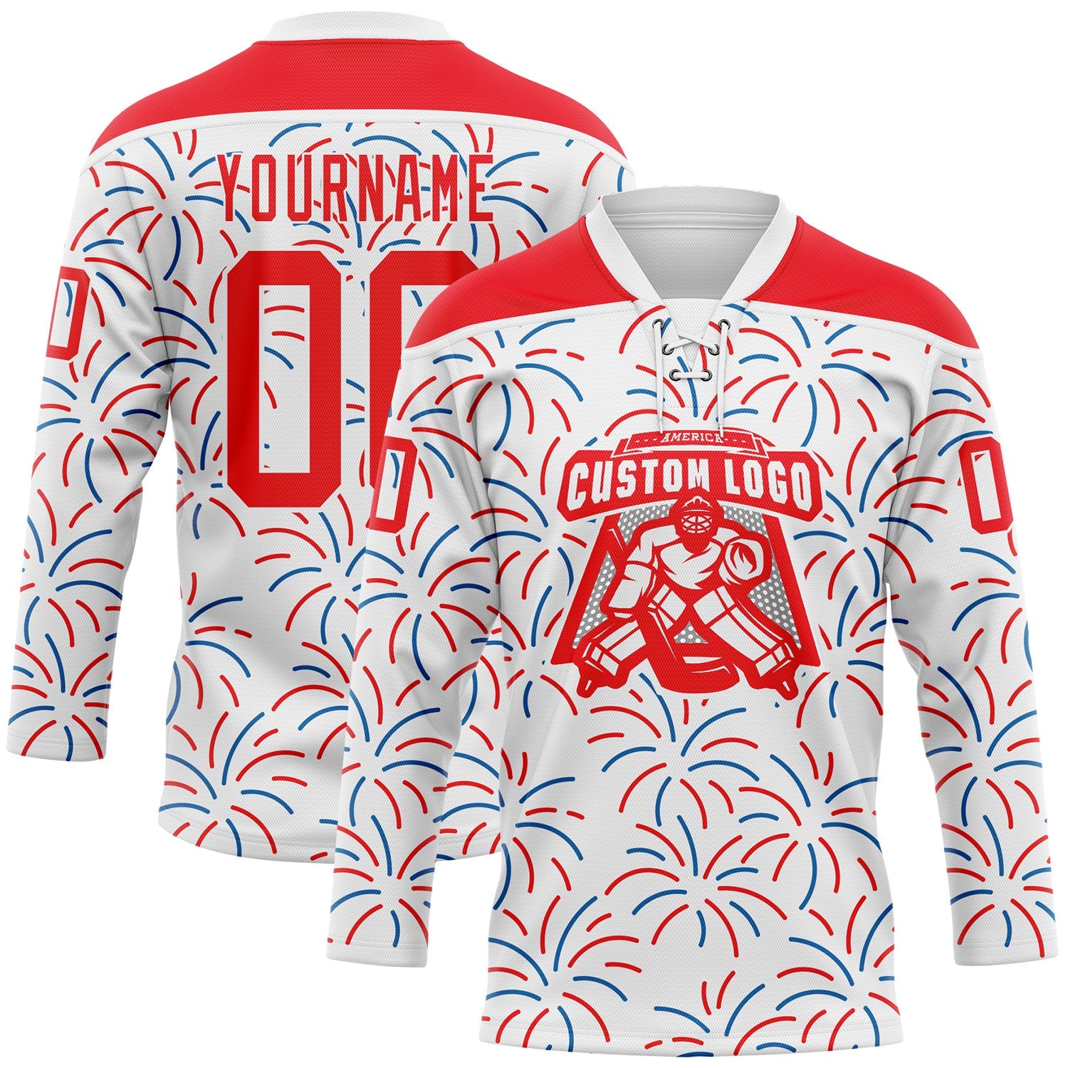 Custom White Fire Red-Royal American Flag Fireworks Hockey Lace Neck Jersey view 2