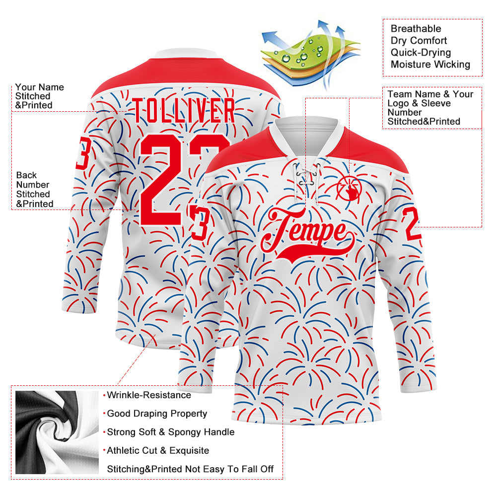 Custom White Fire Red-Royal American Flag Fireworks Hockey Lace Neck Jersey view 5