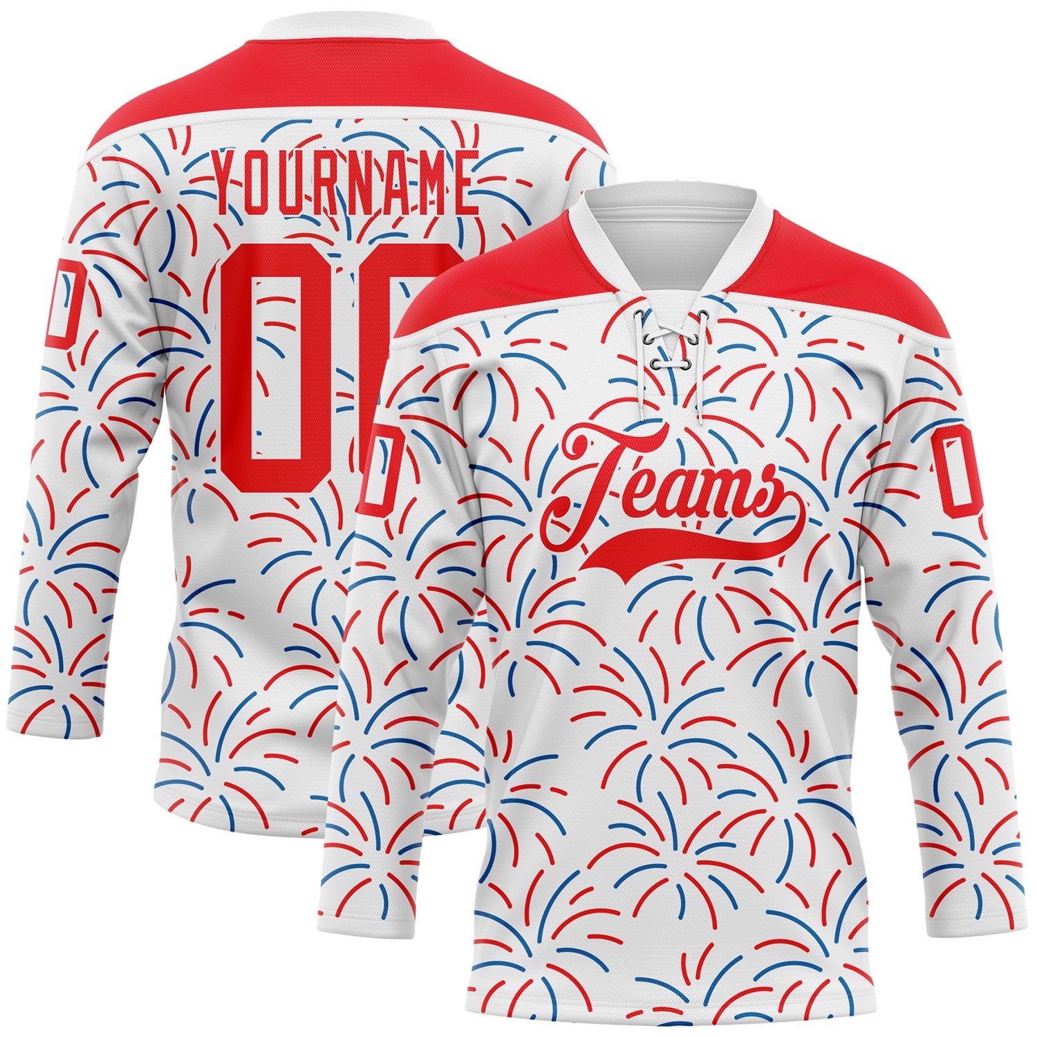 Custom White Fire Red-Royal American Flag Fireworks Hockey Lace Neck Jersey - Main View