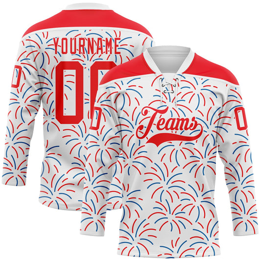 Custom White Fire Red-Royal American Flag Fireworks Hockey Lace Neck Jersey - Main View