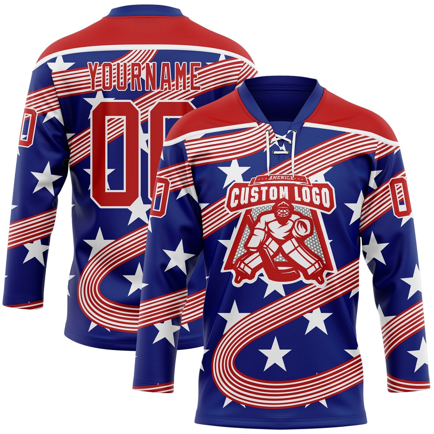 Custom Royal Red-White American Flag Hockey Lace Neck Jersey view 2