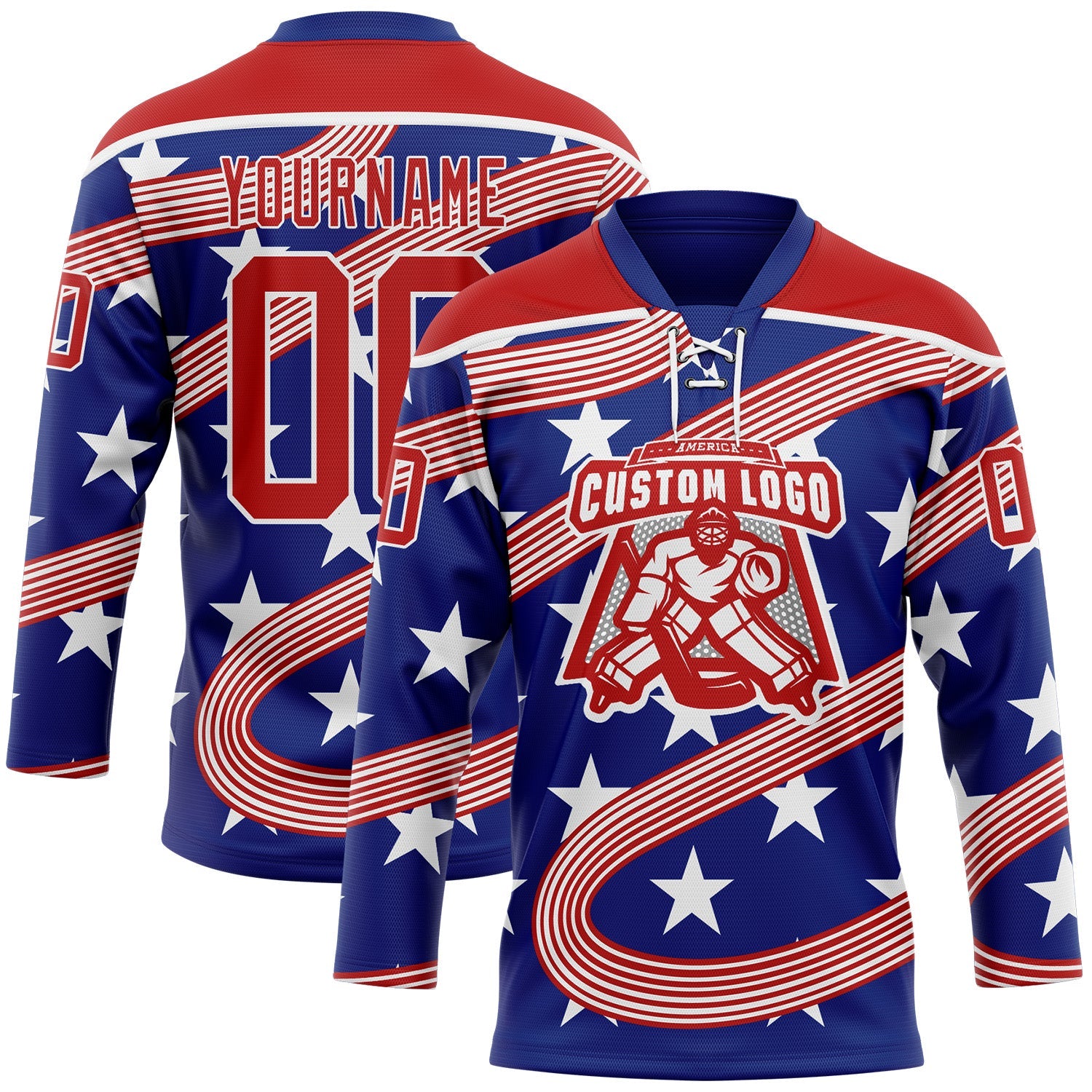 Custom Royal Red-White American Flag Hockey Lace Neck Jersey view 2