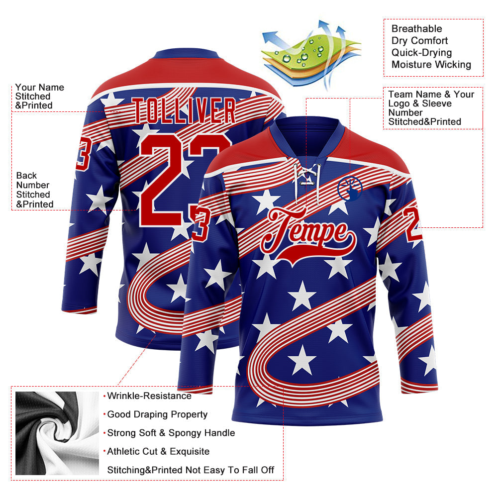 Custom Royal Red-White American Flag Hockey Lace Neck Jersey view 5