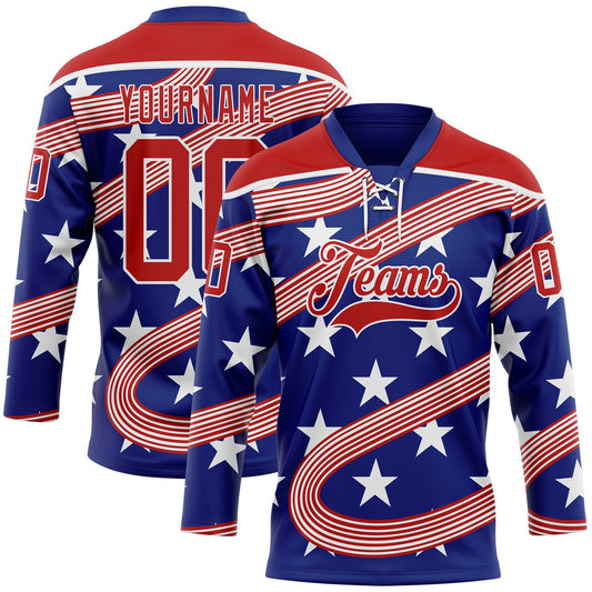 Custom Royal Red-White American Flag Hockey Lace Neck Jersey - Main View