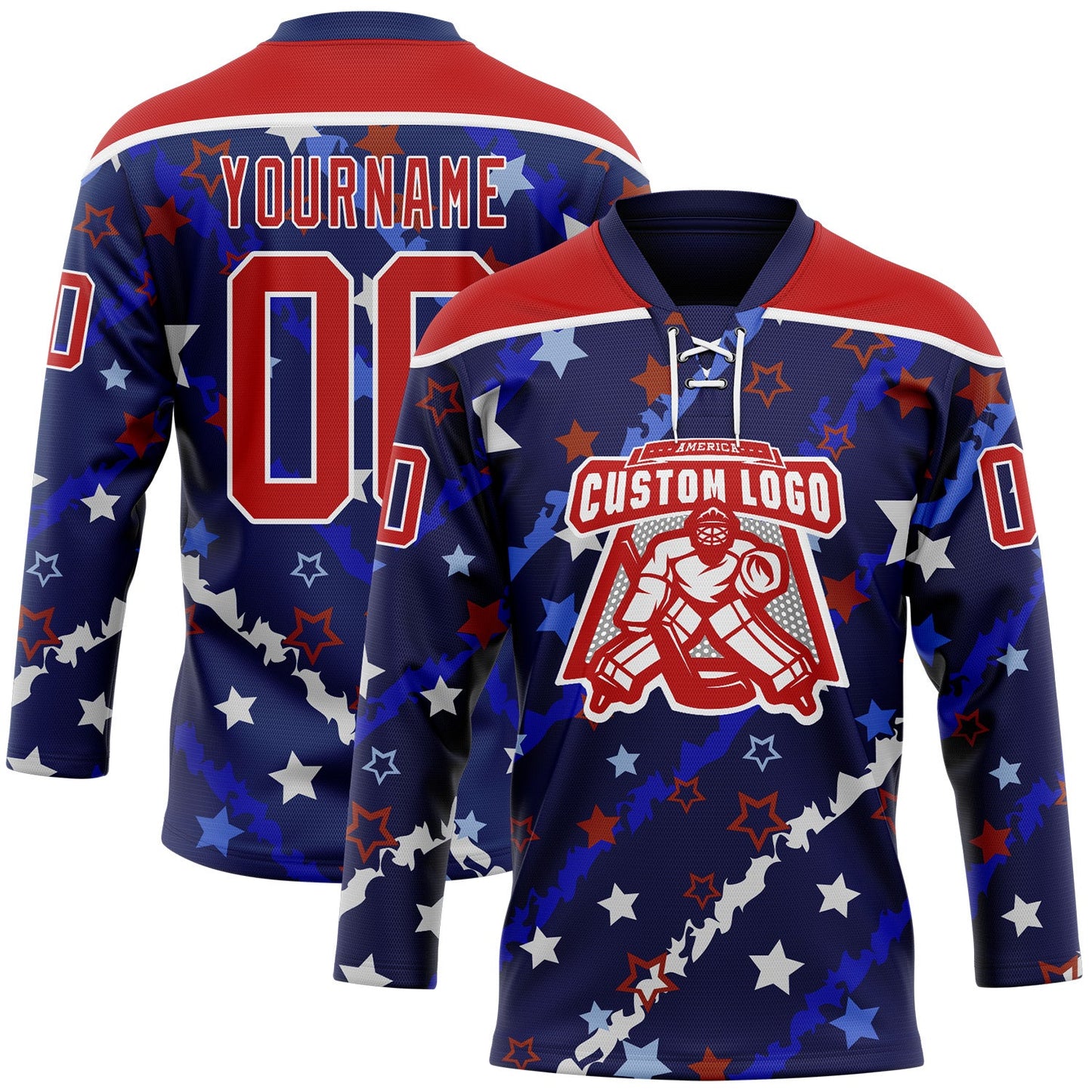 Custom Blue Red-White American Flag Hockey Lace Neck Jersey view 2