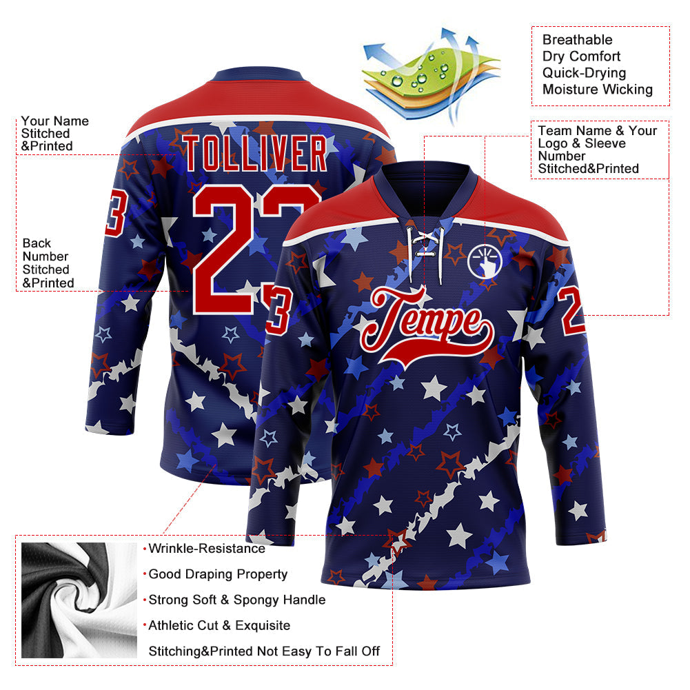 Custom Blue Red-White American Flag Hockey Lace Neck Jersey view 5