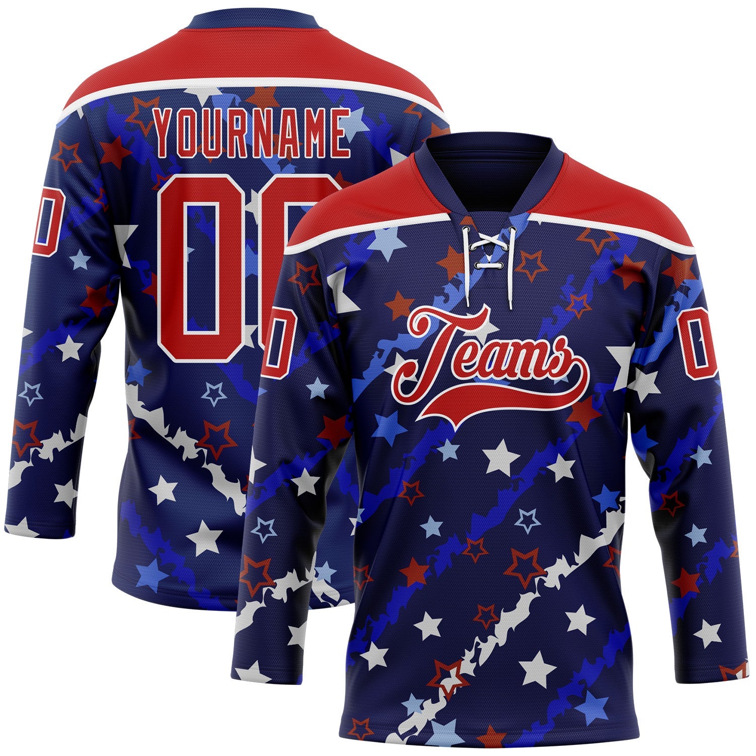 Custom Blue Red-White American Flag Hockey Lace Neck Jersey - Main View