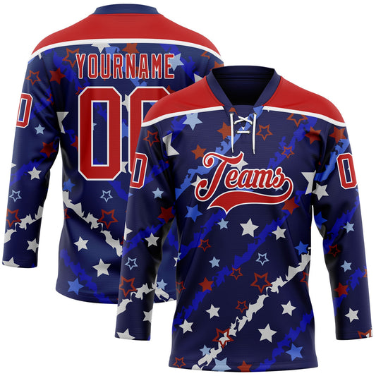 Custom Blue Red-White American Flag Hockey Lace Neck Jersey - Main View