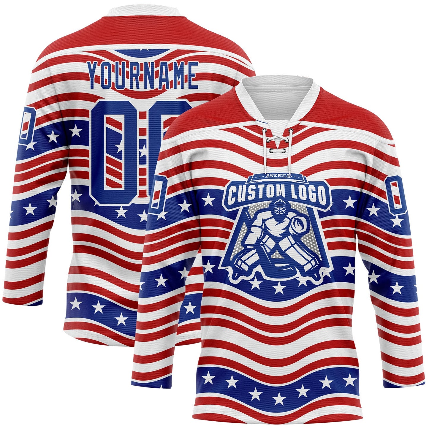 Custom White Royal-Red American Flag Hockey Lace Neck Jersey view 2