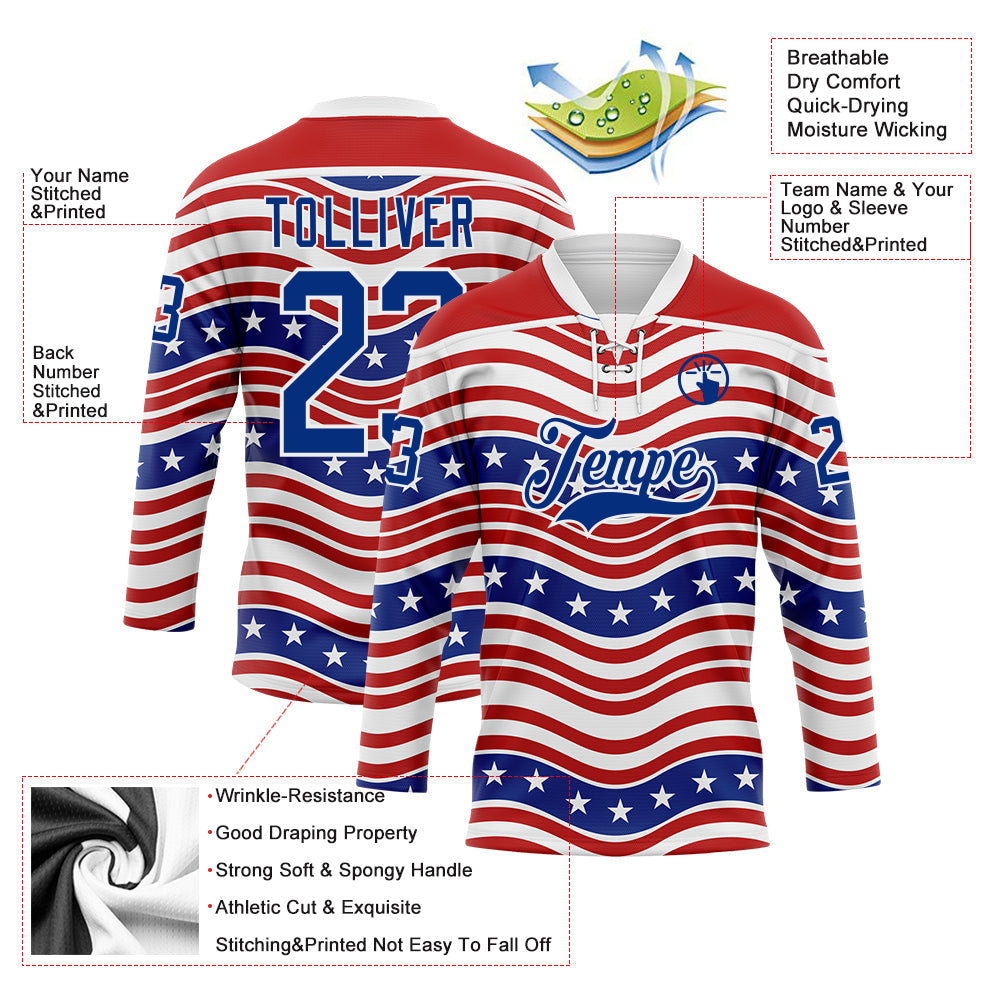 Custom White Royal-Red American Flag Hockey Lace Neck Jersey view 5