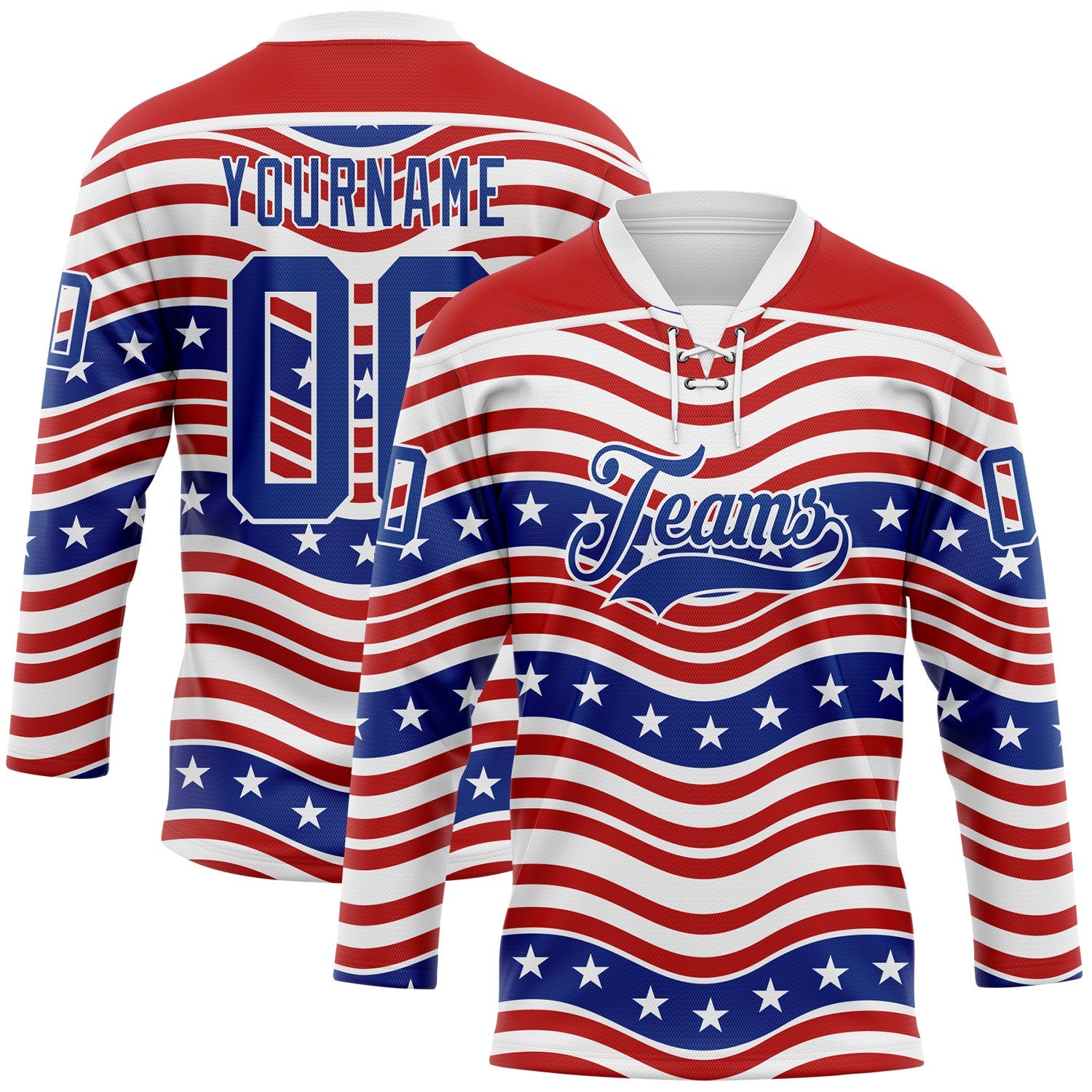 Custom White Royal-Red American Flag Hockey Lace Neck Jersey - Main View
