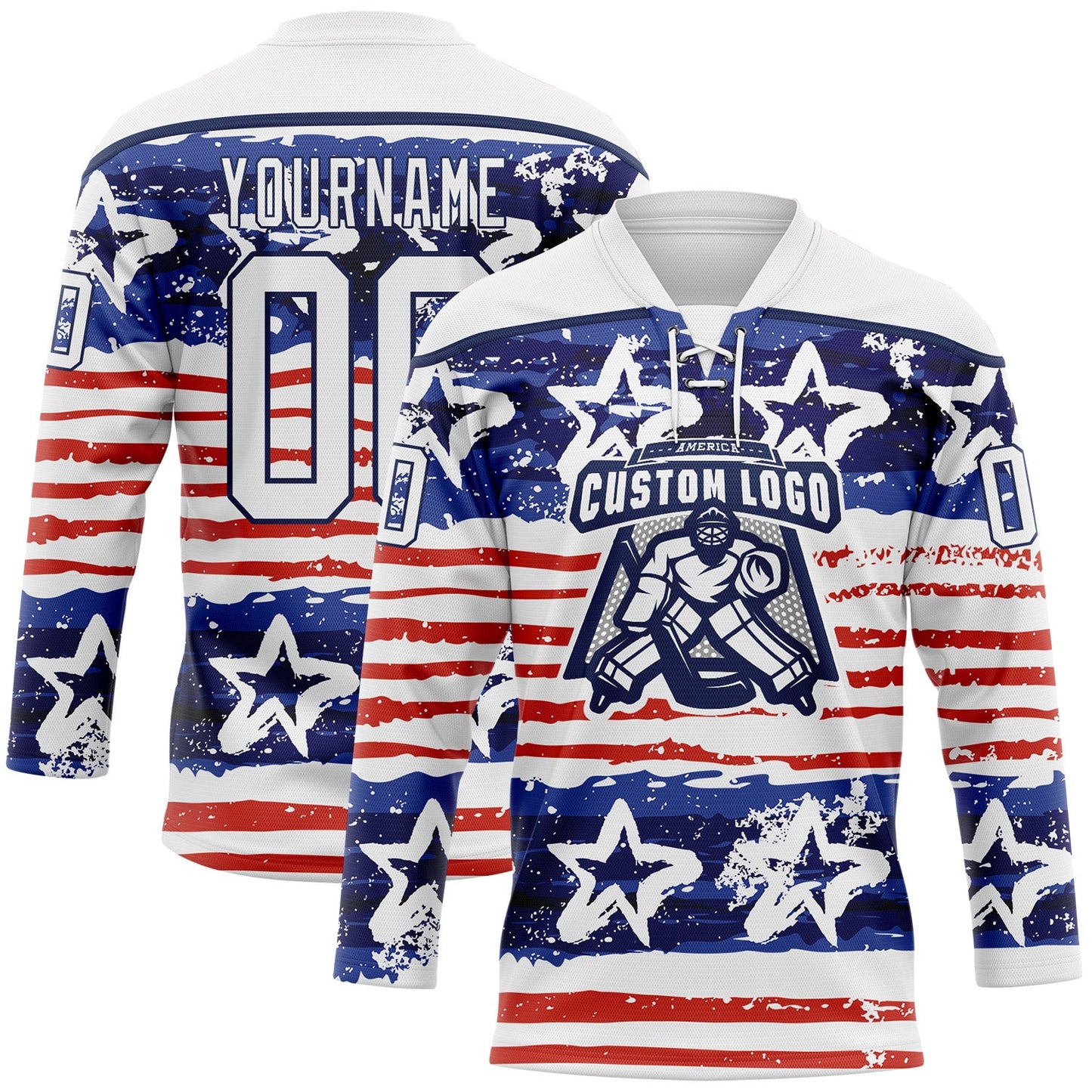 Custom White Red-Navy American Flag Painted Hockey Lace Neck Jersey view 2