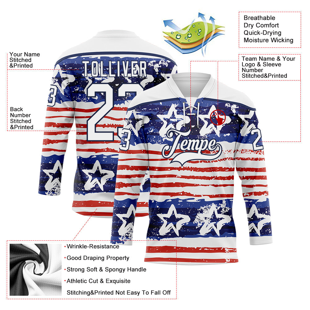 Custom White Red-Navy American Flag Painted Hockey Lace Neck Jersey view 5