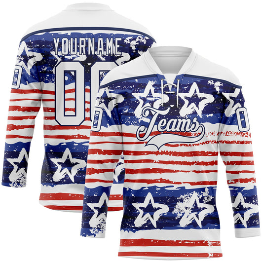 Custom White Red-Navy American Flag Painted Hockey Lace Neck Jersey - Main View
