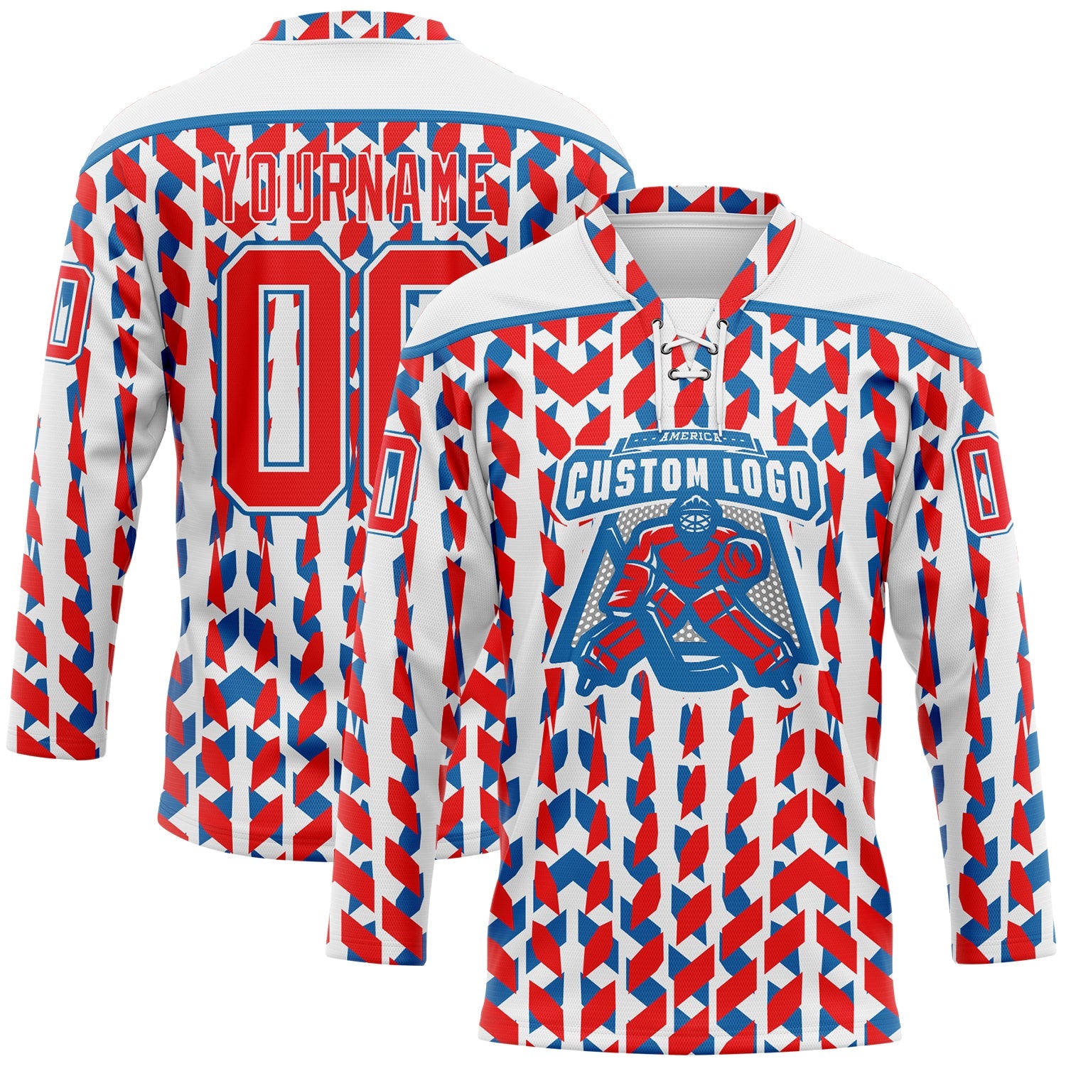 Custom White Fire Red-Blue American Flag Hockey Lace Neck Jersey view 2