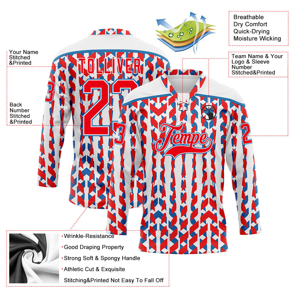 Custom White Fire Red-Blue American Flag Hockey Lace Neck Jersey view 5