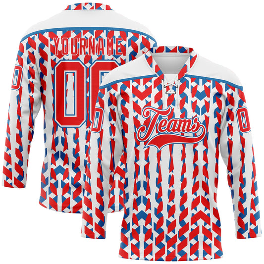 Custom White Fire Red-Blue American Flag Hockey Lace Neck Jersey - Main View