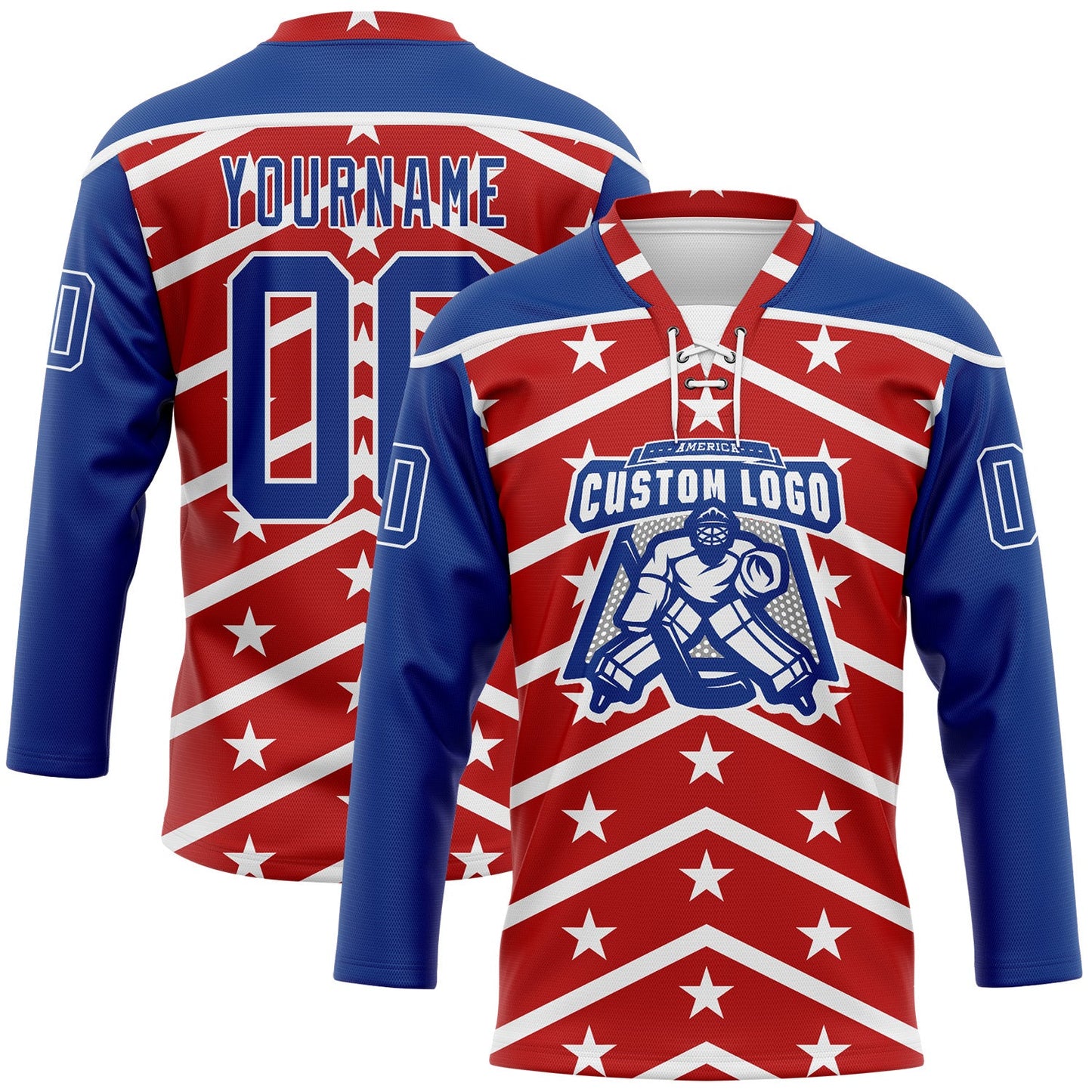 Custom Red Royal-White American Flag Hockey Lace Neck Jersey view 2