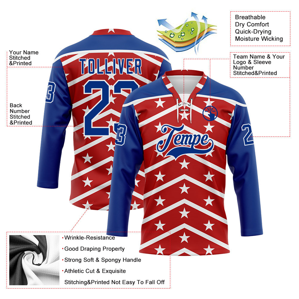 Custom Red Royal-White American Flag Hockey Lace Neck Jersey view 5