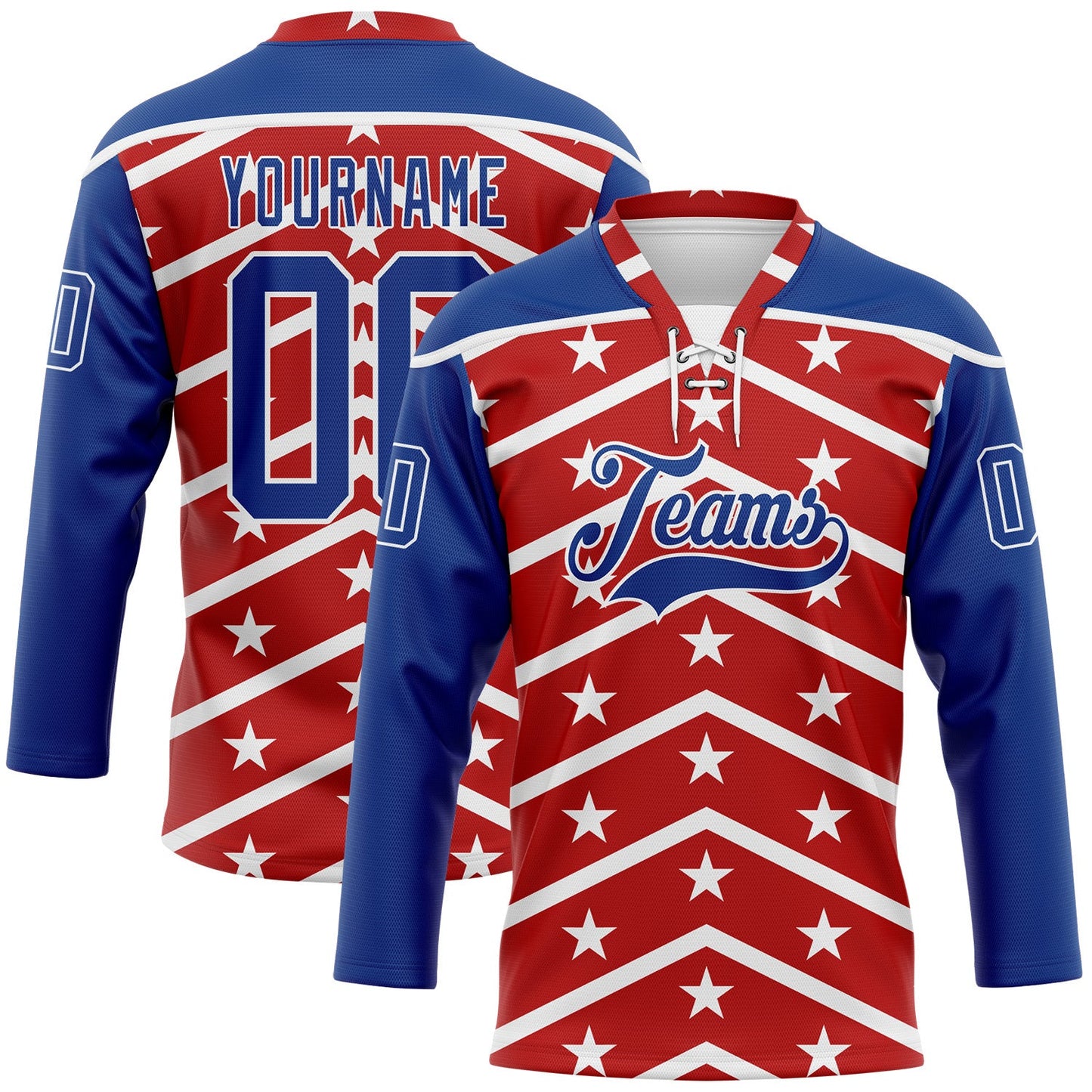 Custom Red Royal-White American Flag Hockey Lace Neck Jersey - Main View