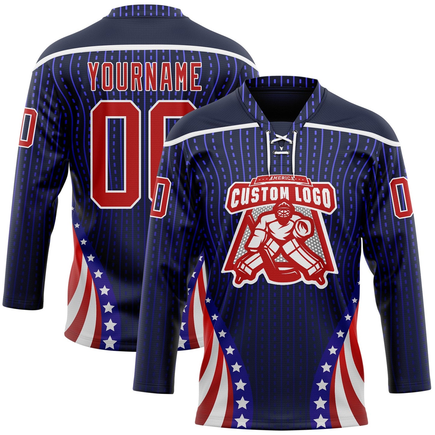 Custom Navy Red Royal-White American Flag Hockey Lace Neck Jersey view 2