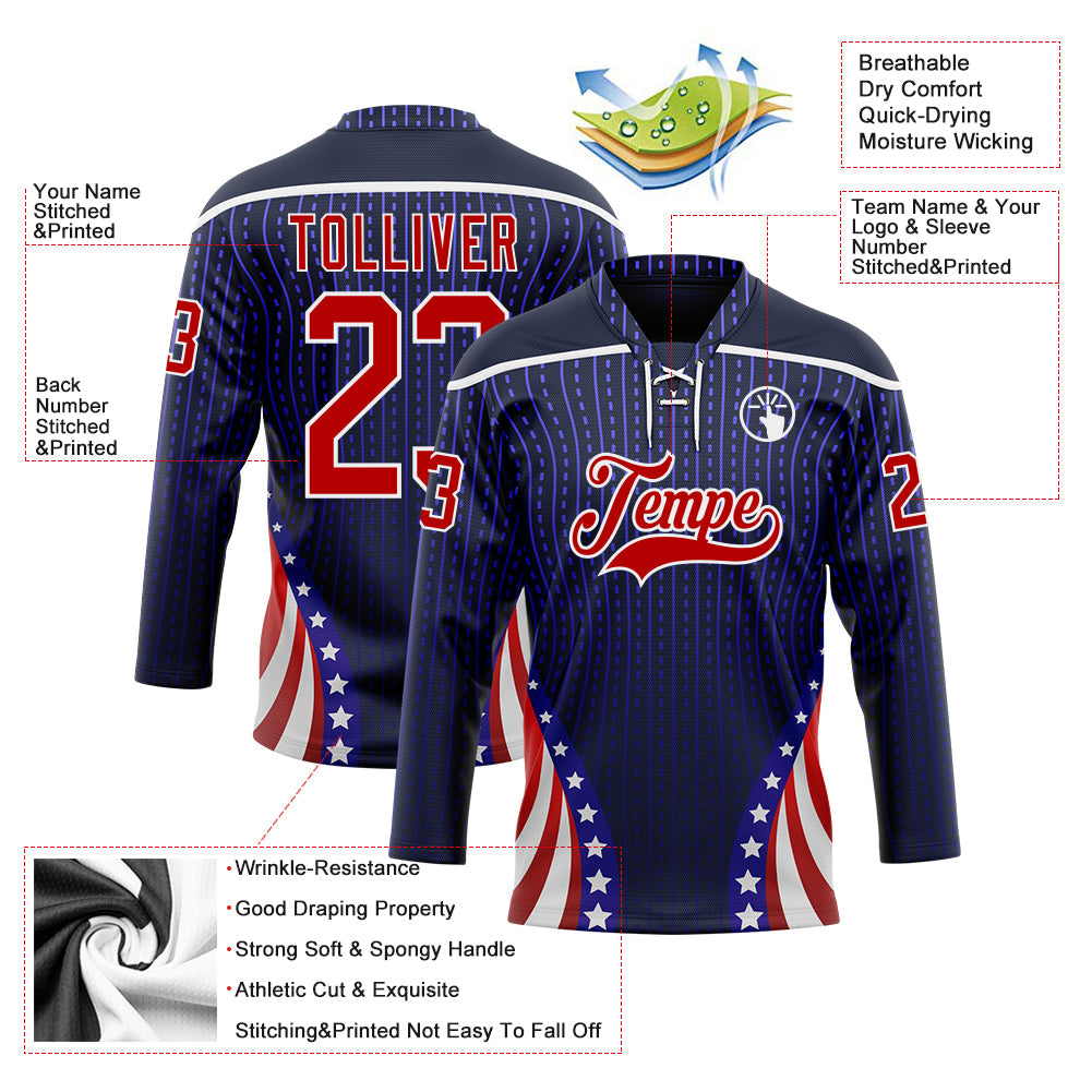 Custom Navy Red Royal-White American Flag Hockey Lace Neck Jersey view 5