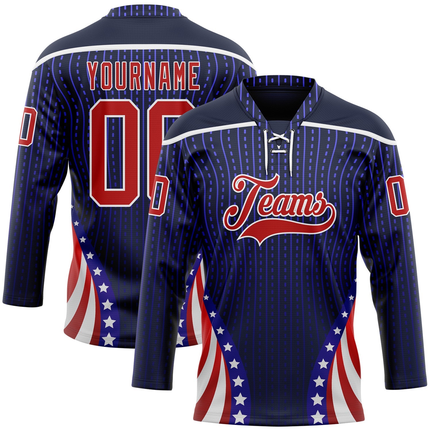 Custom Navy Red Royal-White American Flag Hockey Lace Neck Jersey - Main View