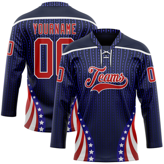 Custom Navy Red Royal-White American Flag Hockey Lace Neck Jersey - Main View
