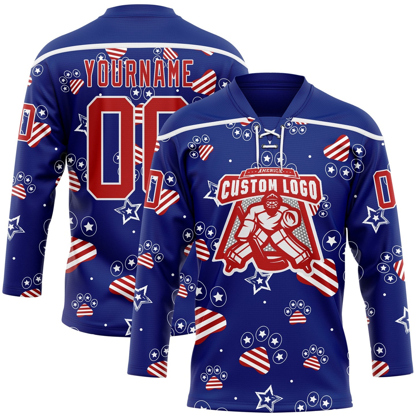 Custom Royal Red-White American Flag Hockey Lace Neck Jersey view 2
